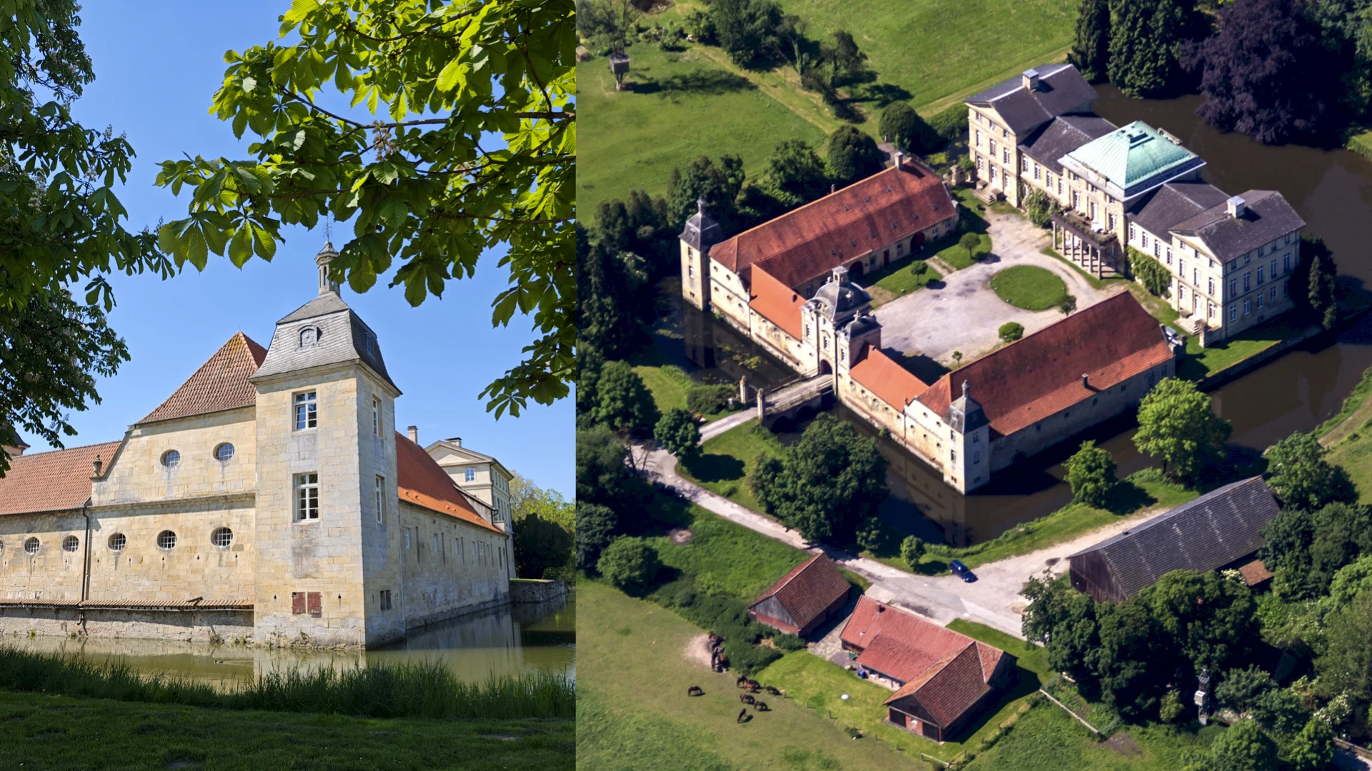 Haus Stapel gilt als bedeutendes Beispiel westfälischer Adelsarchitektur und ist für seine gut erhaltene barocke Schlossanlage bekannt. Foto: Sandra Dierks (links), Günter Seggebäing, CC BY-SA 3.0 (rechts)